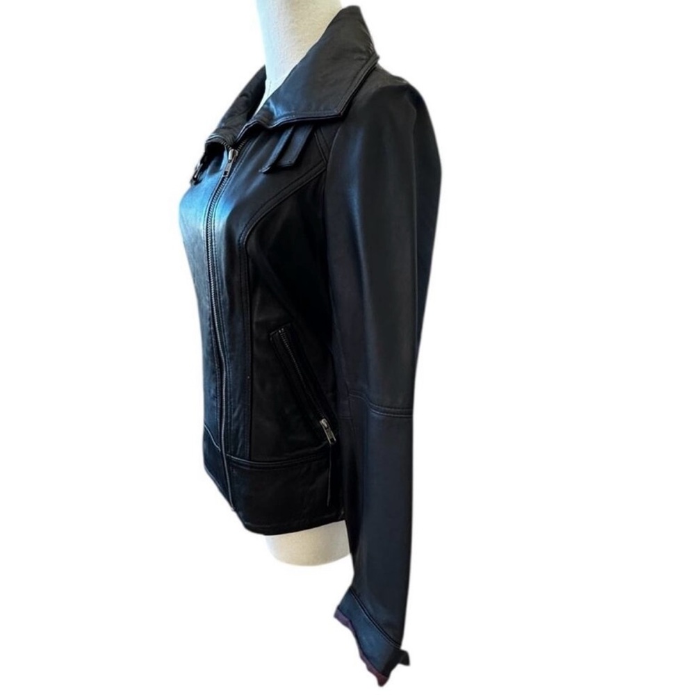 Calvin Klein Black Leather Funnel Collar High Neck Asymmetrical Moto Jacket XS - Picture 7 of 10